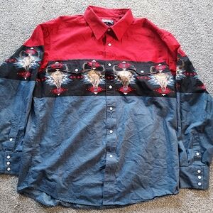 Panhandle Red Black Blue Bull Skull Long Sleeve Shirt XL